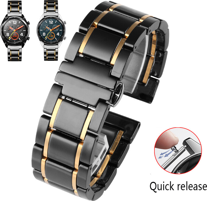 zhuolei 20mm 22mm luxury ceramic and stainless steel black gold strap for Samsung s2 3 4 Huawei GT watch strap bracelet wristband belt