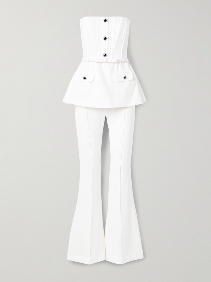 Self-Portrait Strapless Belted Embellished Stretch-crepe Jumpsuit - White