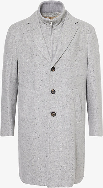 Eleventy Mens Light Melange Gray Bib Notched-Collar Cashmere-Silk Blend Overcoat 44