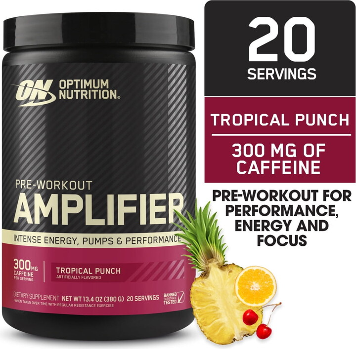 Optimum Nutrition, Pre-Workout Amplifier Powder, Tropical Punch, High Stim, Sugar-Free, Caffeine, 20 Servings