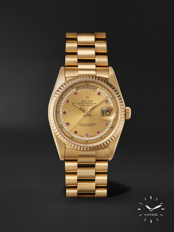 Stephanie Windsor Pre-Owned 1990 Rolex Oyster Perpetual Day-Date Automatic 36mm 18-Karat Gold, Diamond and Ruby Watch, Ref. No. 18238