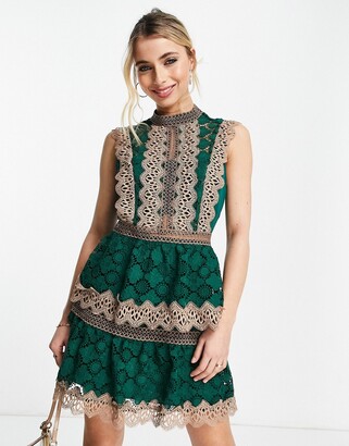 ASOS DESIGN tiered lace mini dress writh contrast lace trim detail in green  - ShopStyle