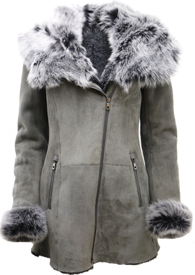 Infinity Leather Womens Grey Suede Hooded Merino Sheepskin Coat-Monrovia