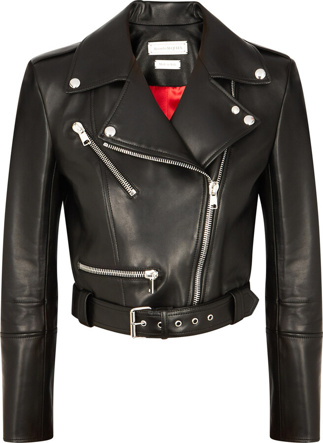 Alexander McQueen Black Cropped Leather Biker Jacket