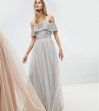 Maya Bardot Sequin Top Tulle Detail Dress With High Low Hem