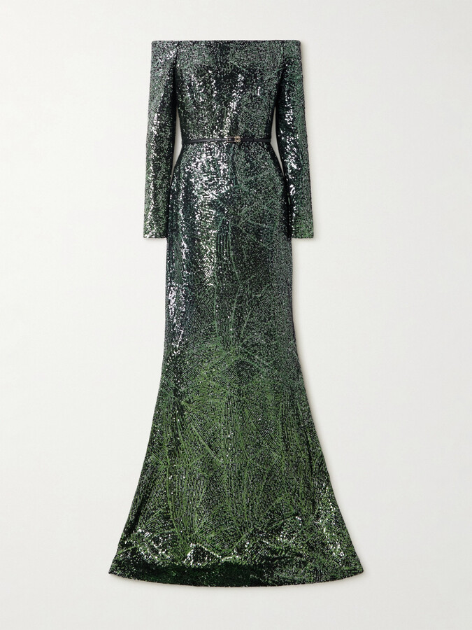 Elie Saab Off-the-shoulder Belted Sequined Silk-blend Gown - Green