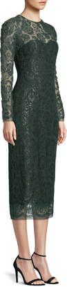 Lela Rose Long-Sleeve Jewel-Neck Lace Sheath Cocktail Dress