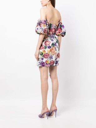 Marchesa Notte Floral-Embroidered Off-Shoulder Minidress
