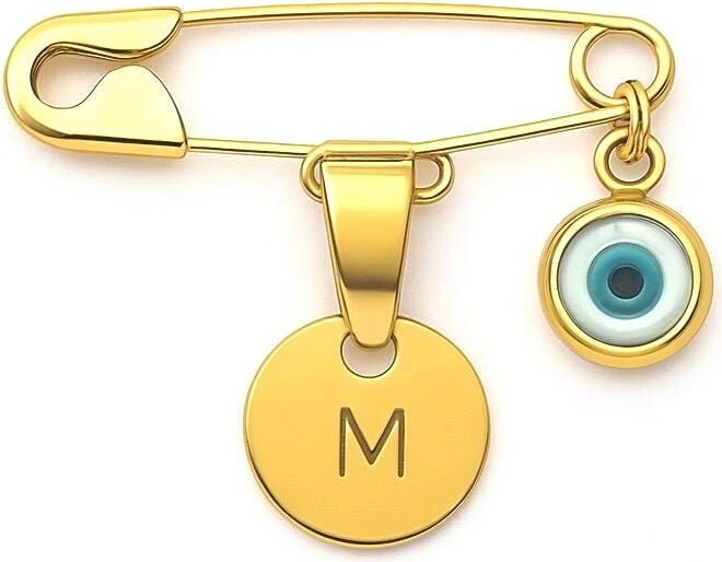Etsy Gold Evil Eye Baby Pin With Personalized Initial Charm Baptism Christening Shower Jewellery