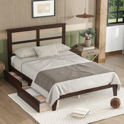 Full Size Bed With Rattan Headboard, Two Storage Drawers, Rubber Wood Bed With Enhanced Support Salts And Feet