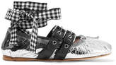 Thumbnail for your product : Miu Miu Lace-up Metallic Leather Ballet Flats - Silver