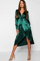 Thumbnail for your product : boohoo Satin Knot Front Midaxi Shirt Dress