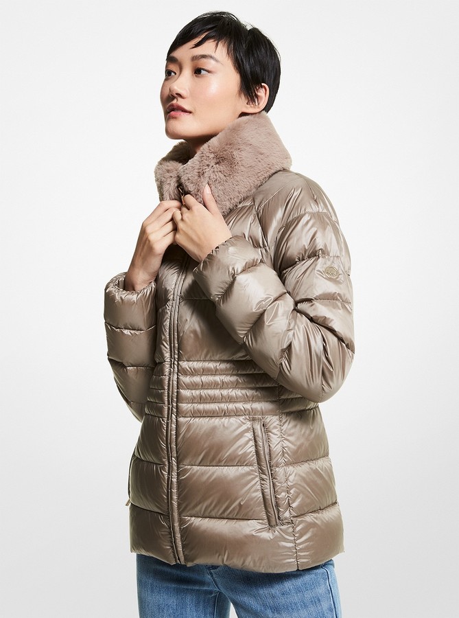 quilted nylon and faux fur puffer