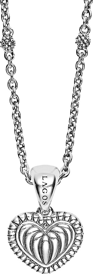 Lagos Sterling Silver Signature Caviar Fluted Heart Pendant Chain Necklace, 16