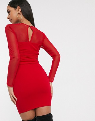 Femme Luxe square neck sheer sleeve bodycon dress in red