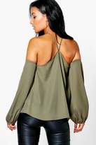 Thumbnail for your product : boohoo Woven Tie Neck Cold Shoulder Top