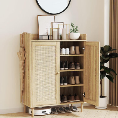 Shoe Cabinet - Rattan Shoe Cabinet For Entryway, Shoe Storage Cabinet With Adjustable Shelves, Farmhouse Freestanding Wood Shoe Rack Organizer For Clo