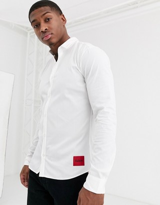 HUGO BOSS Ero3 slim fit shirt with contrast box logo in white - ShopStyle