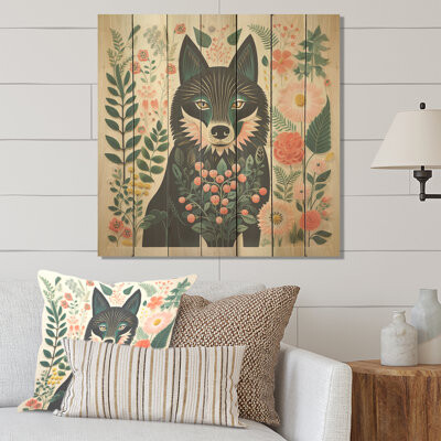Millwood Pines Pink And Green Boho Wolf Portrait I - Wolf Animal On Wood Print