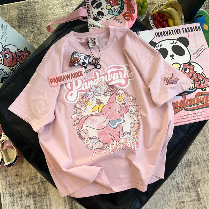 MINISO Disney Dumbo Harajuku T Shirt Women Kawaii Ullzang Cute Elephant Anime T-shirt Summer Streetwear Y2K Tshirt Cartoon Top Tee Girl
