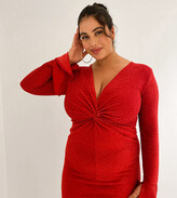 Thumbnail for your product : Fashionkilla Plus glitter plunge kmot front mini bodycon dress with fluted sleeves in red