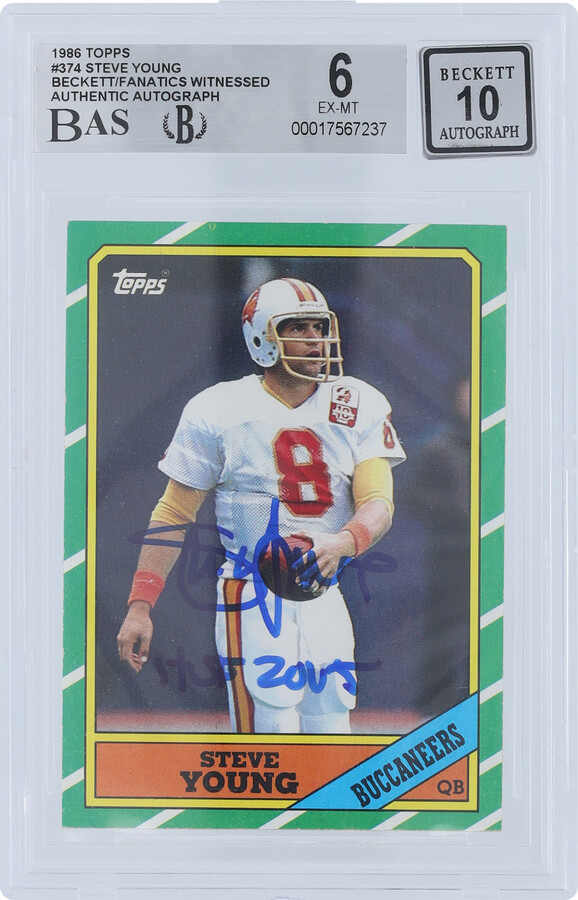 Steve Young Tampa Bay Buccaneers Autographed 1986 Topps #374 Beckett Fanatics Witnessed Authenticated 6/10 Rookie Card with "HOF 2005" Inscription