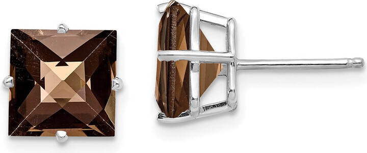 Diamond2Deal 14kw Princess 4-Prong 8.0mm Checker-Cut Smoky Quartz Earrings
