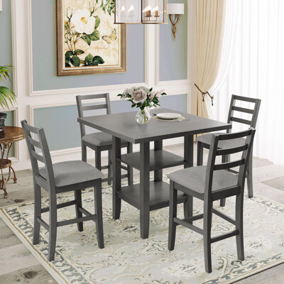 Latitude Run 5-Piece Wooden Counter Height Dining Set With Padded Chairs And Storage Shelving