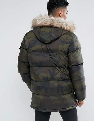SikSilk Puffer Parka In Camo With Faux Fur Hood
