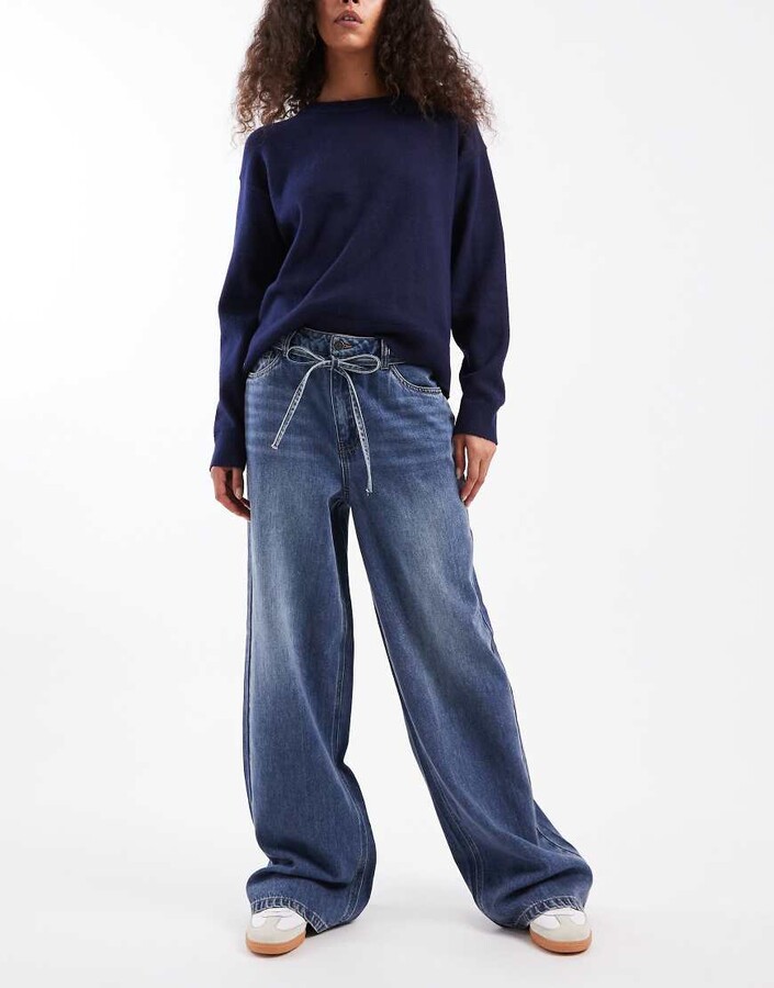 Object tie waist wide leg jeans in medium blue wash