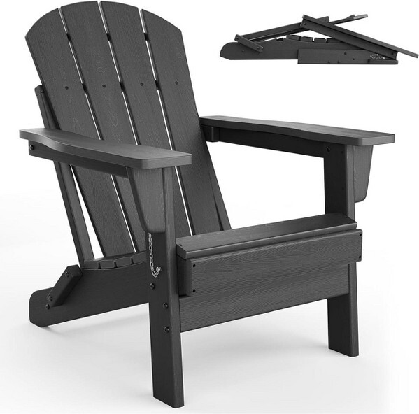 RONSHIN BlackFoldingHDPEPlasticAdirondackChairs-380LBSWeatherResistantWoodTextureOutdoorSeatingforFirePit,Deck,Patio,Pool&Backyard