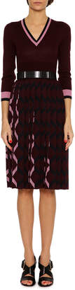 Bottega Veneta 3/4-Sleeve Pleated-Skirt Wool V-Neck Dress, Multicolor