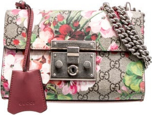 Gucci Crossbody Bag Pink GG Supreme & Blooms Print Silver-Tone Hardware Chain-Link Shoulder Strap Leather Trim Embellishment & Single Exterior Pocket Suede Lining & Single Interior Pocket Push-Lock Closure at Front