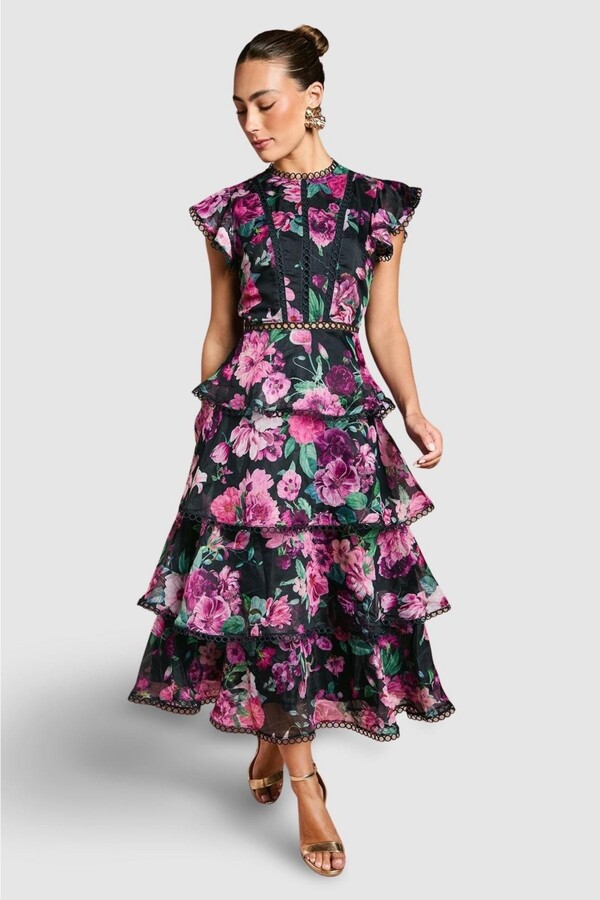 Coast Lace Trim Tiered Organza Midi Dress