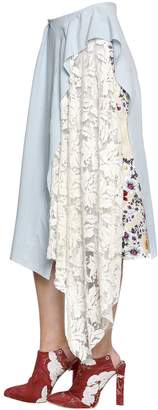 Linen Midi Skirt W/ Lace & Printed Panel