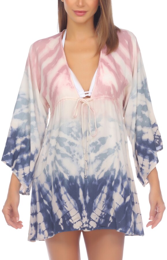 New Womens Tie Dye Wrap Shorty Hooded Robe Coverup Pink White SZ S M 371 