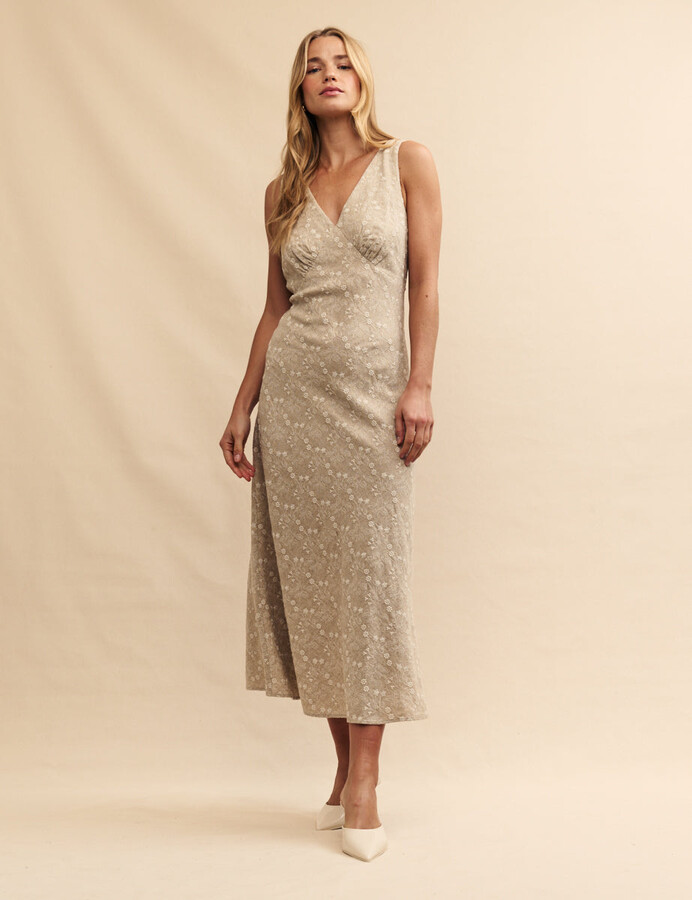 Nobody's Child Beige Linen-blend Floral Embroidered Helena Midi
