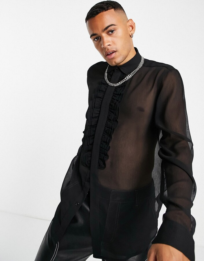 ASOS DESIGN sheer shirt with ruffle front in black - ShopStyle