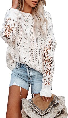 Aytitium Fashion Sweaters for Women Round Neck Crochet Lace Long Sleeve  Sweater Cozy Comfy Solid 2021 Fall Cable Pointelle Knit Pullover Sweater  Tops Jumpers XXL White - ShopStyle