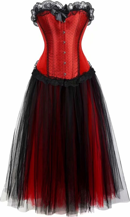 Josamogre Dress Corset for Women with Sleeves Overbust Bustiers with Straps Skirt Tutu Set Floral lace Trim Plus Size 
