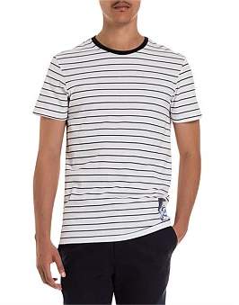 R & E RE: Badge Print Stripe Cotton T-Shirt