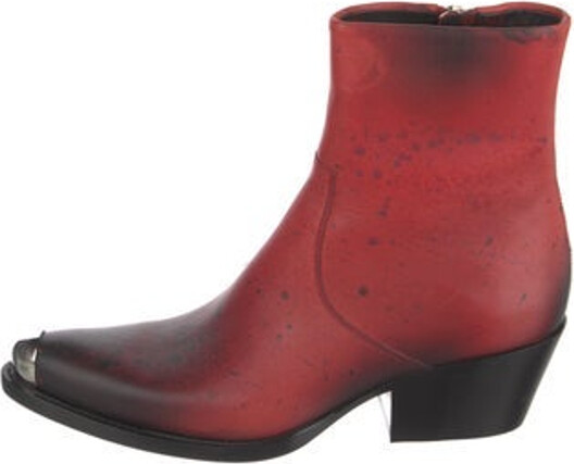 Calvin Klein 205W39Nyc Leather Ankle Western Boots Red Semi-Pointed Toes Concealed Zip Closure at Sides Unfortunately, due to restrictions, this item may not be eligible for shipping in all areas.