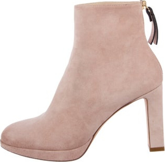 Stuart Weitzman Suede Ankle Boots Pink Round-Toes Exposed Zip Closure at Ankles Designer