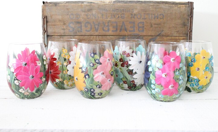 Etsy stemless Wine Glasses Painted Set Of Six