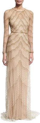 Jenny Packham Beaded Illusion Long-Sleeve Gown, White/Gold