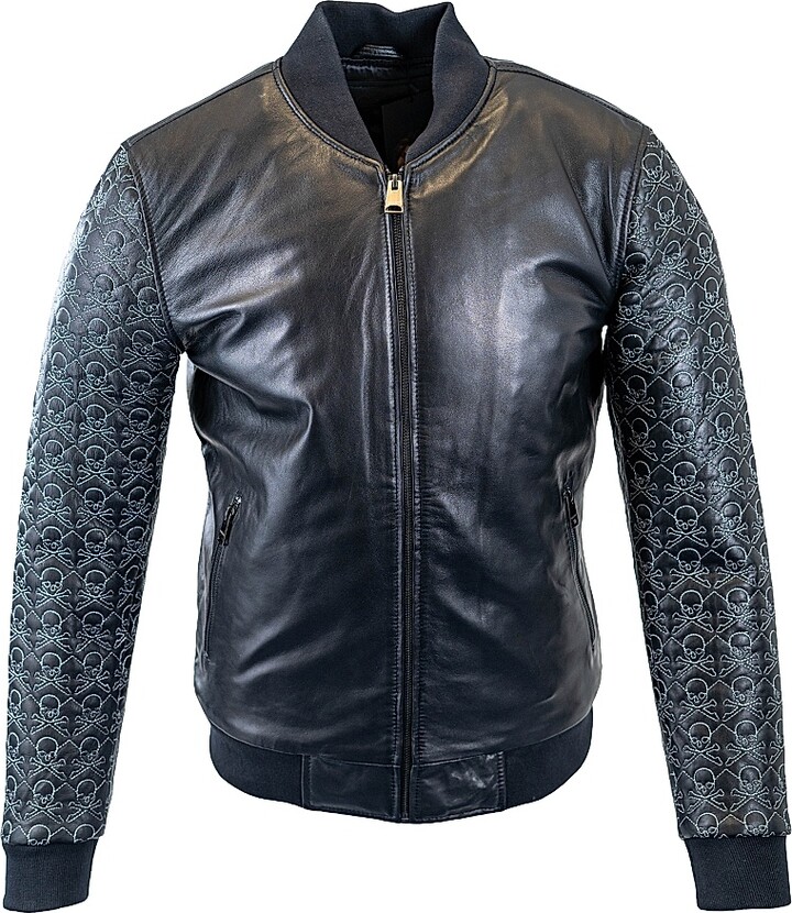 Maceoo Men's Leather Sleeve Mini Skull Jacket - Black - Size Small