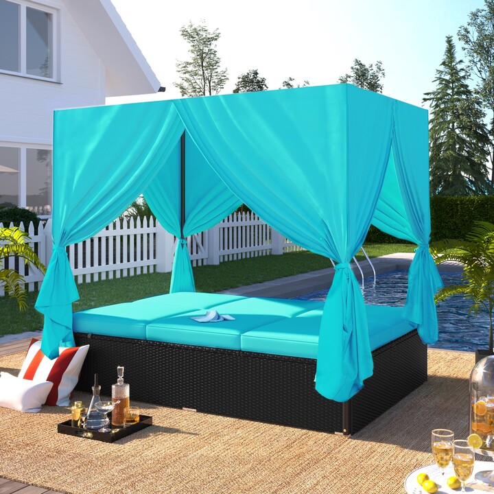 EDWINRAY Outdoor Patio Wicker Sunbed Daybed with Canopy, Adjustable