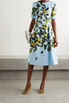Thumbnail for your product : Oscar de la Renta Belted Appliqued Printed Jacquard Dress - Blue