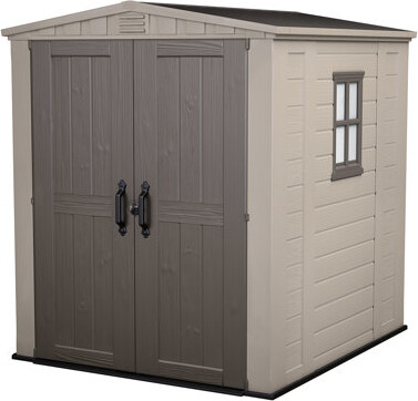 Keter Factor 6x6 ft. Durable Resin Outdoor Storage Shed With Floor and Double Doors for Garden Patio Furniture and Tools, Brown