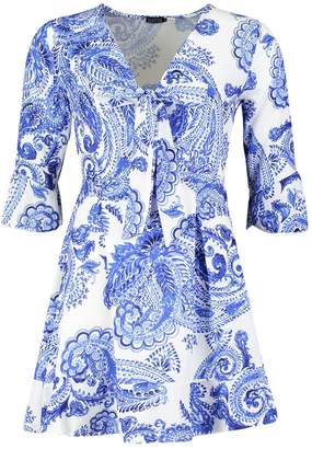 boohoo Large Paisley Tie Front Skater Dress